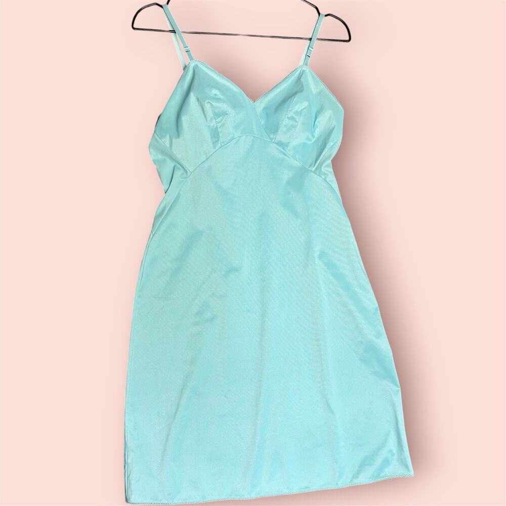 Vintage Van Raalte Blue Nylon Slip Dress Lace Trim Lingerie Womens Size 36